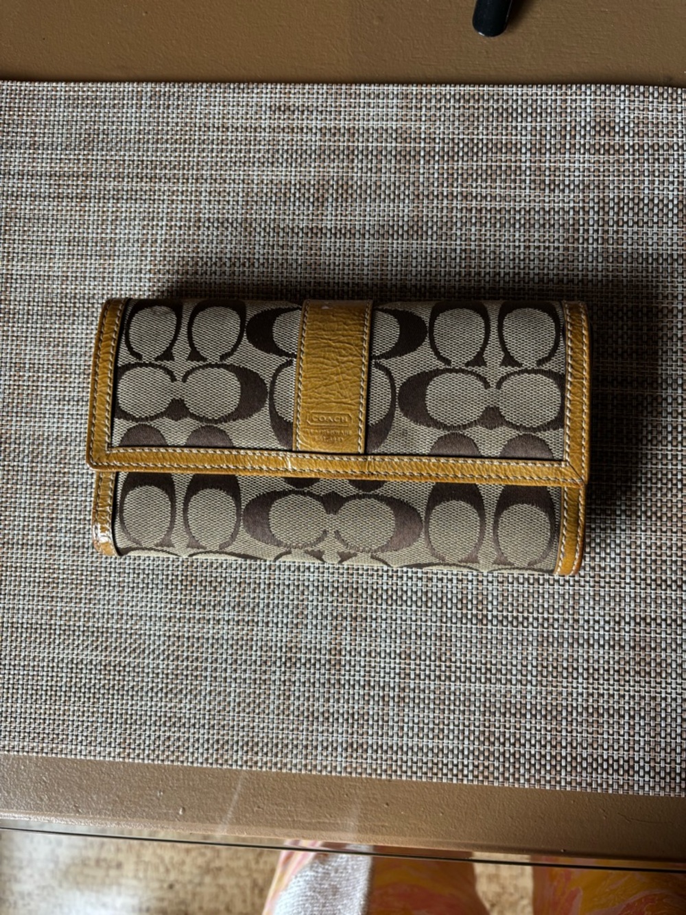 Coach Signature Canvas Wallet in Tan and Brown with Mustard Leather Trim
